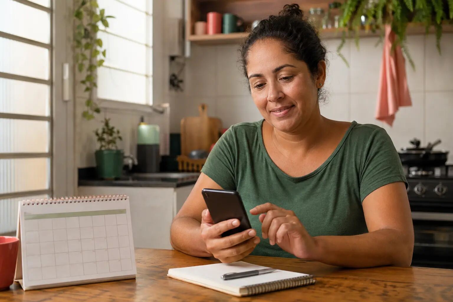 Trabalhadora consulta informações de benefício no celular em casa