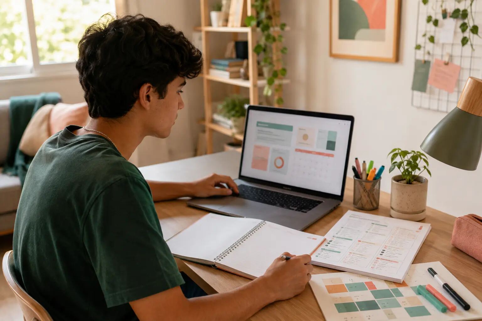 Estudante organiza um plano de estudos com laptop, caderno e calendário
