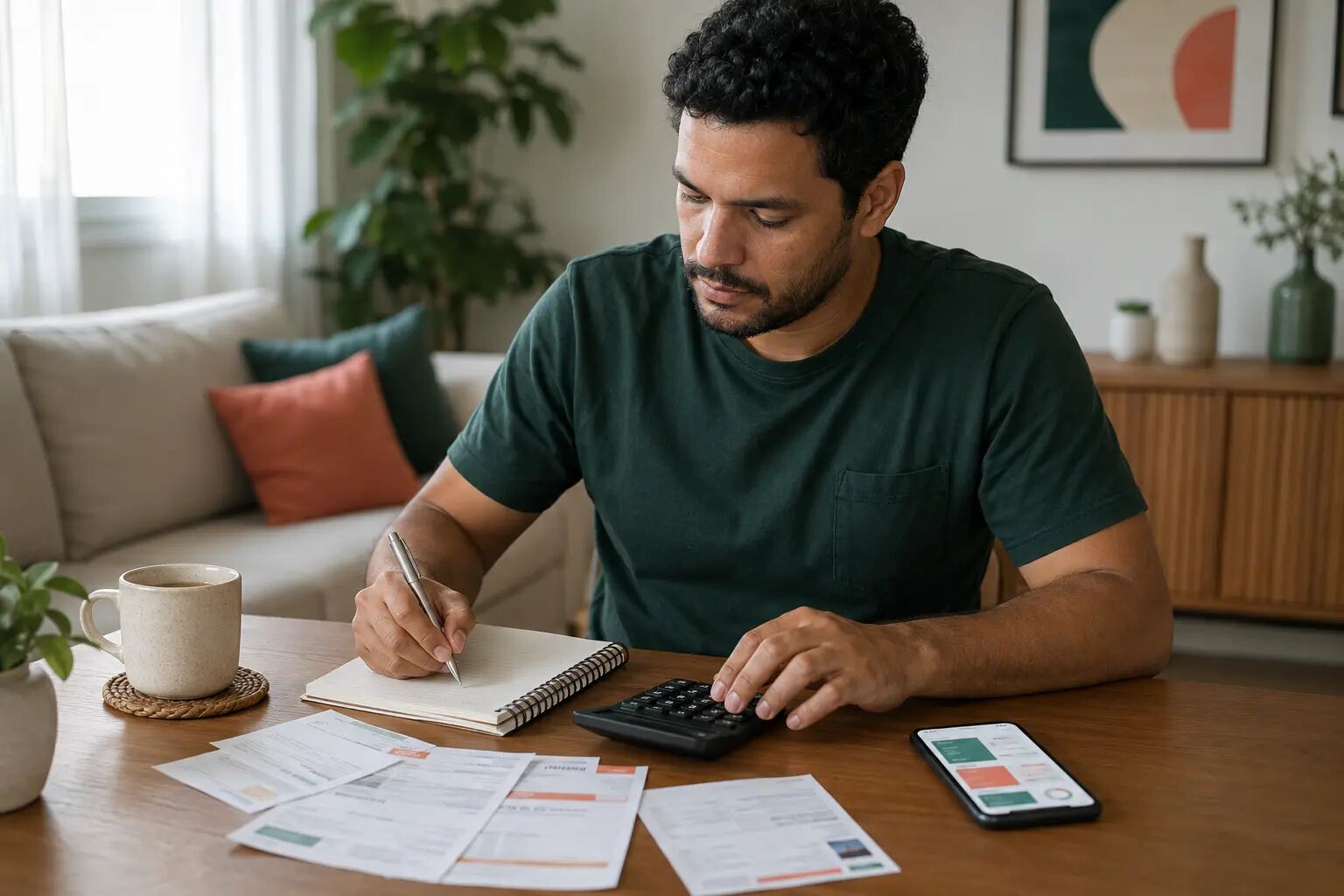 Pessoa organiza contas domésticas com calculadora, caderno e celular